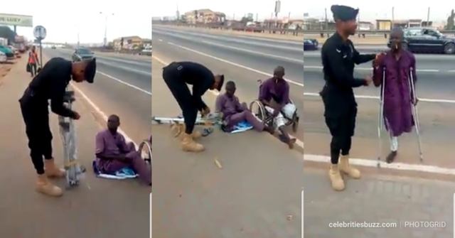 Ghanaian Police Officer buys crutches for a disabled street beggar
