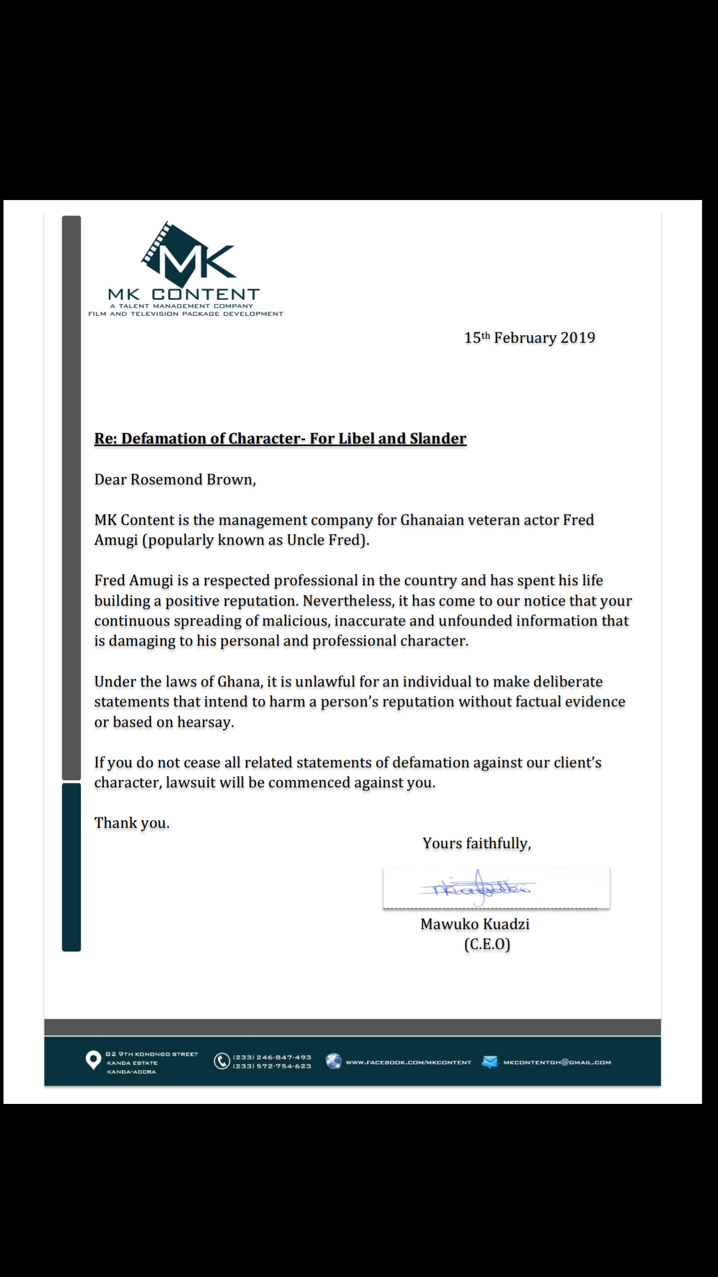Fred Amugi To Sue Rosemond Brown