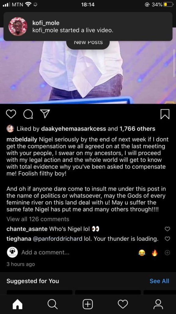 Popular musician Mzbel, known for her 16 years hit song which featured Castro back in the early 2000s, took to her Instagram page and threatens those who abuse her with "antoa" and she called Prophet Nigel A foolish boy.