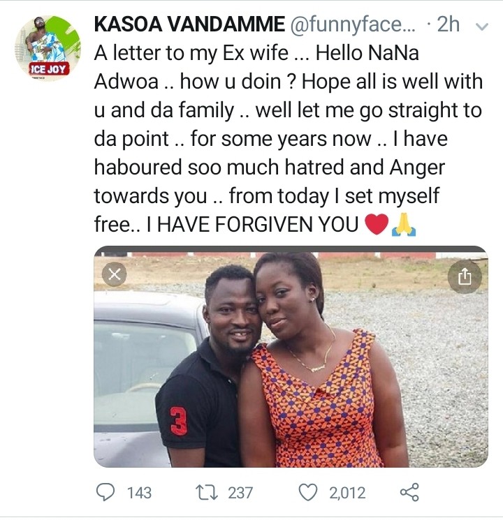 About 2 years ago, the marriage between Benson Nana Yaw Oduro Boateng, popularly known as Funny Face, a Ghanaian comedian, known for his role in TV3 Ghana's sitcom Chorkor Trotro and Nana Adwoa broke down as a result of so many unspoken and hidden reasons, and today, funny face decides to pen a striking letter to his ex-wife.
