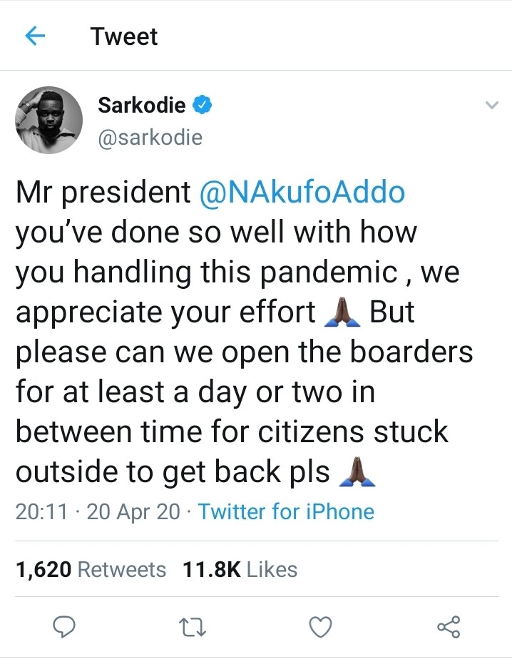 Sarkodie Pleads Government To Open Borders For Citizens Stuck Outside To Get Back