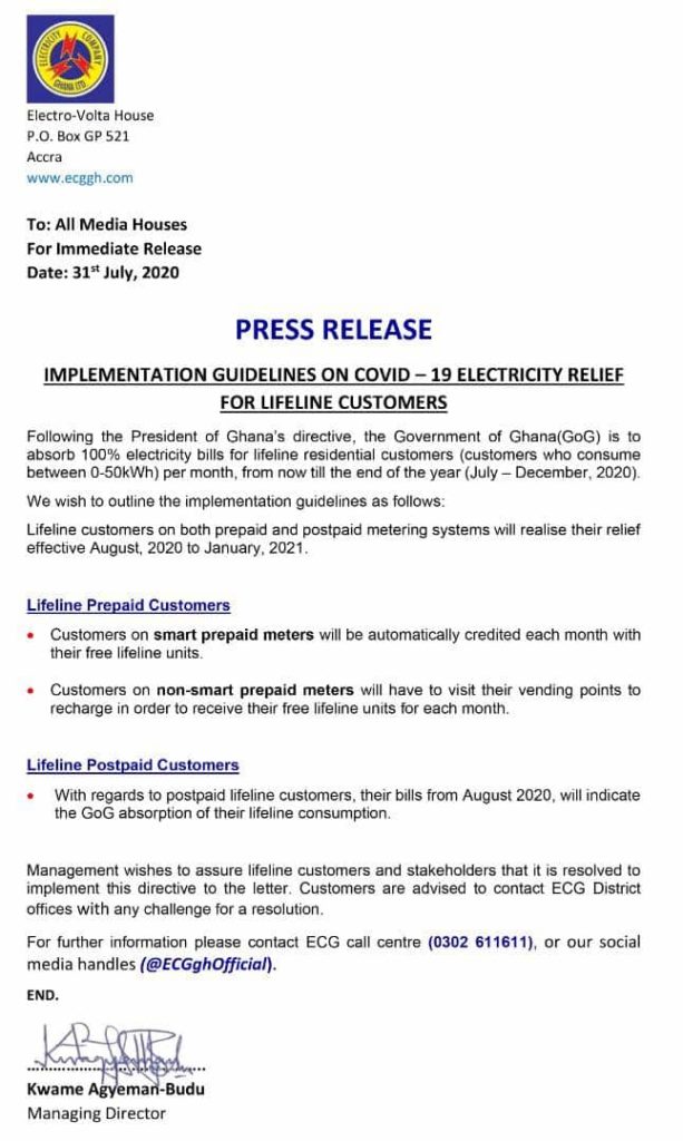 Free electricity for lifeline customers Starts Today – ECG