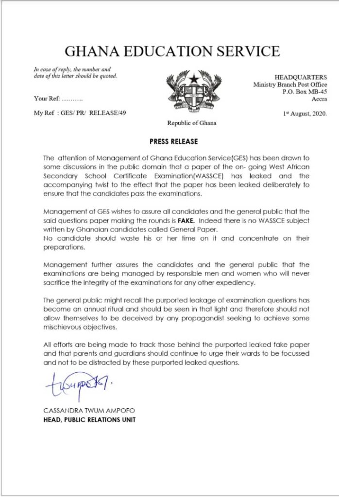 Leakage Of 2020 WASSCE Science Questions On Social Media Is Fake - WAEC