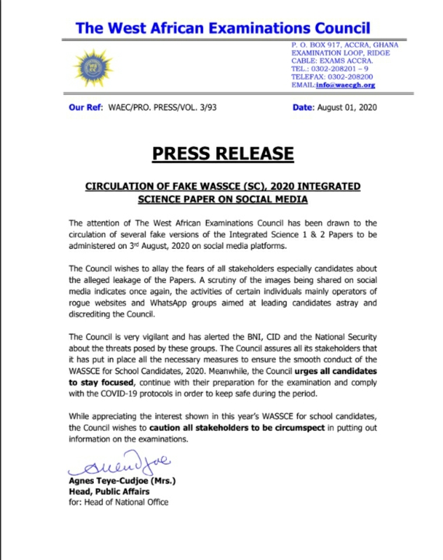 Leakage Of 2020 WASSCE Science Questions On Social Media Is Fake - WAEC